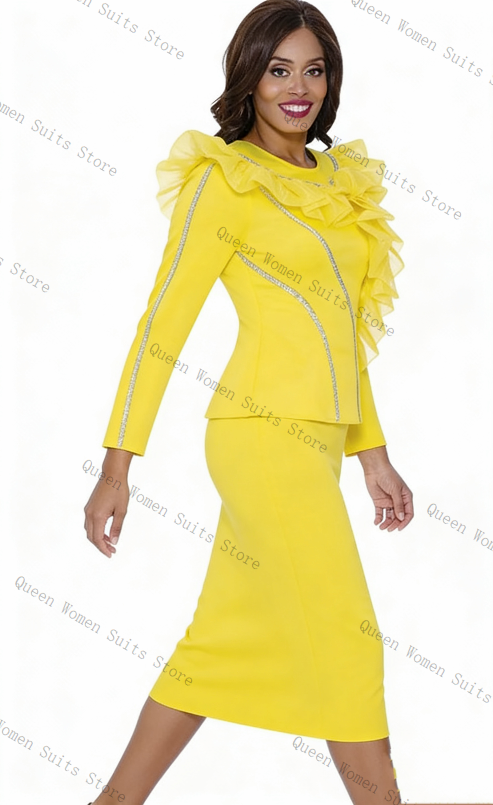 Women'S Formal Wear Wedding Guest - Crystals Yellow Women Suit Skirt Set