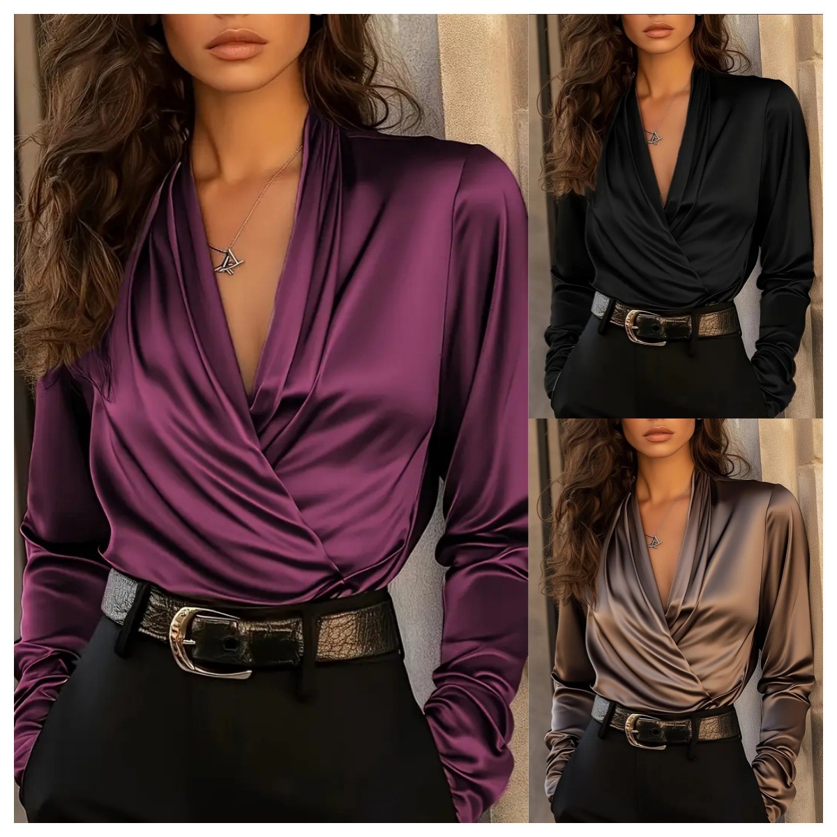 Women's Satin Wrap V Neck Long - Women Formal Blouses For Evening Wear のレビューと価格