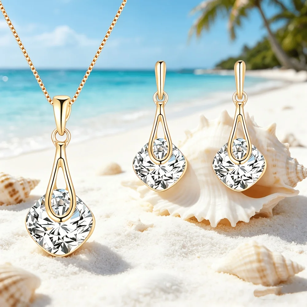 2 Pcs Gold Cushion Cut Crystal - Formal Wear Jewelry For Women のレビューと価格