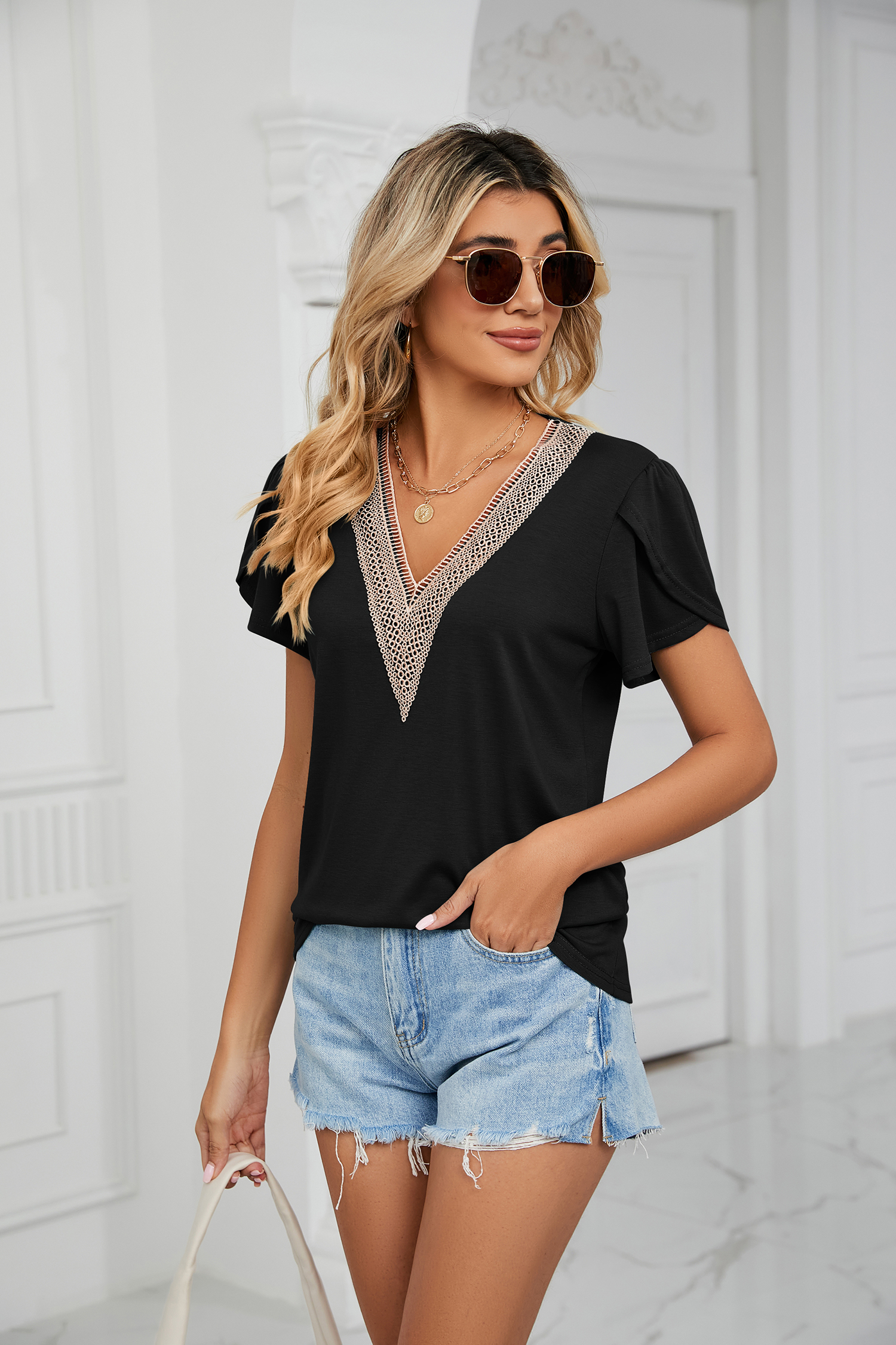 Women's V Neck Lace Trim T Shi - Women Formal Blouses For Evening Wear のレビューと価格
