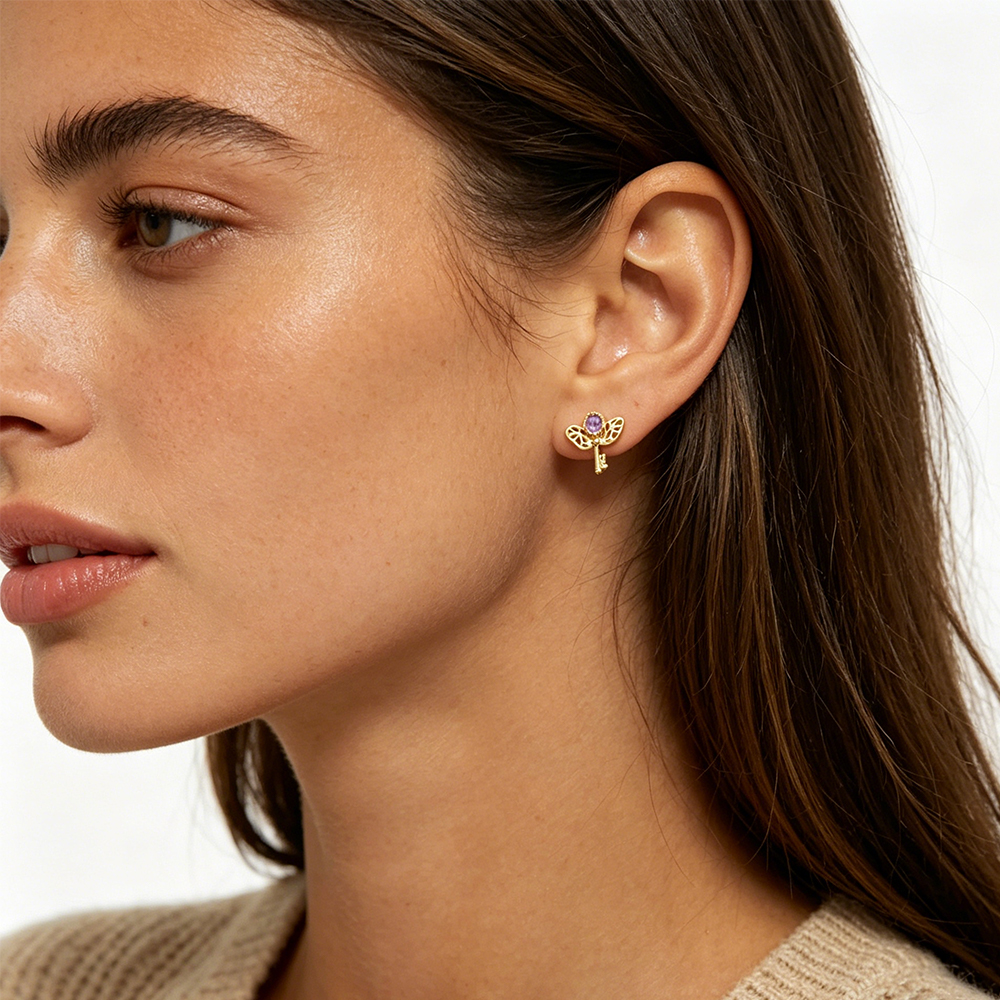 Retro Key Amethyst Stud Earrin - Formal Wear Jewelry For Women のレビューと価格