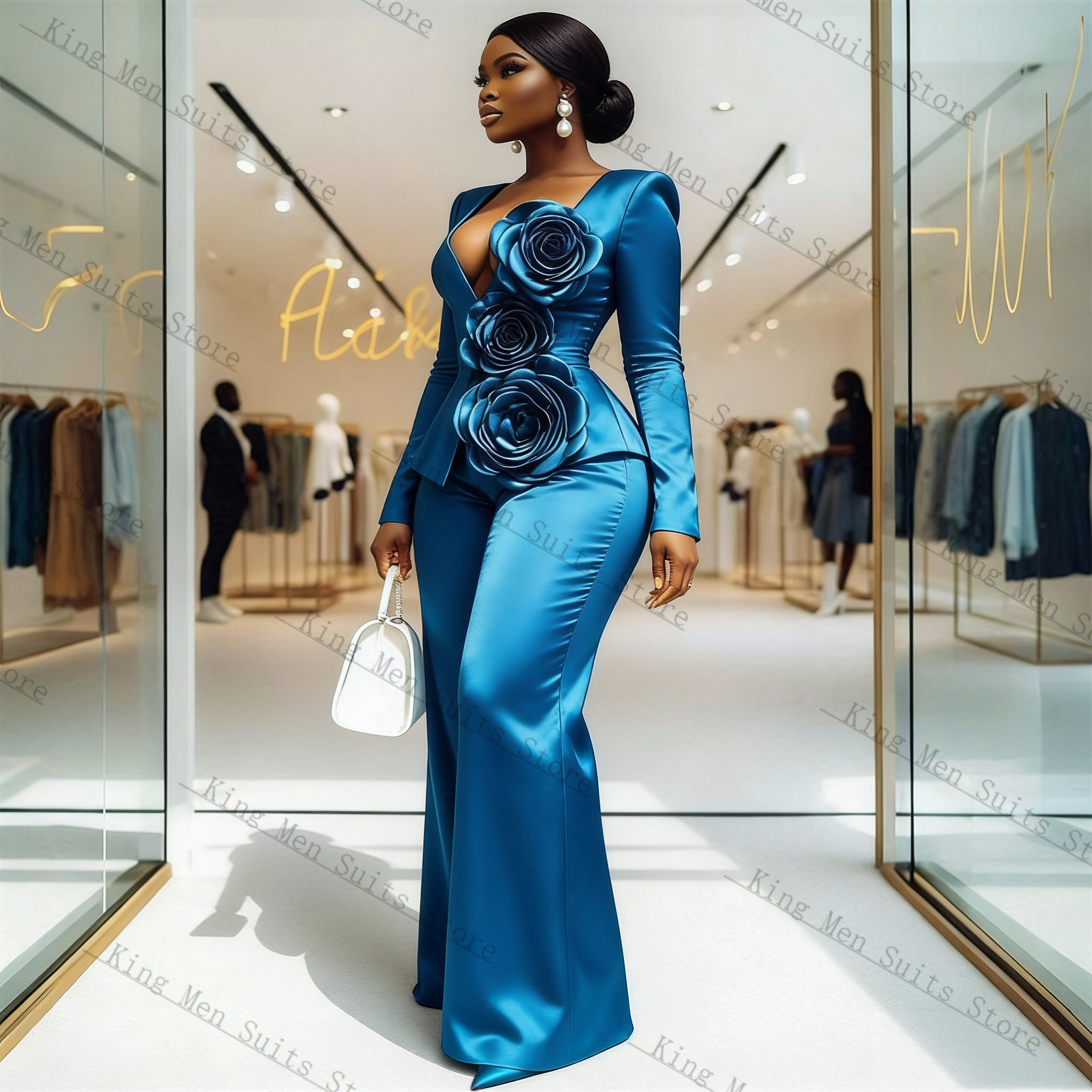 Blue Satin Women Suit Set 2 Pc - Women'S Formal Wear Wedding Guest のレビューと価格