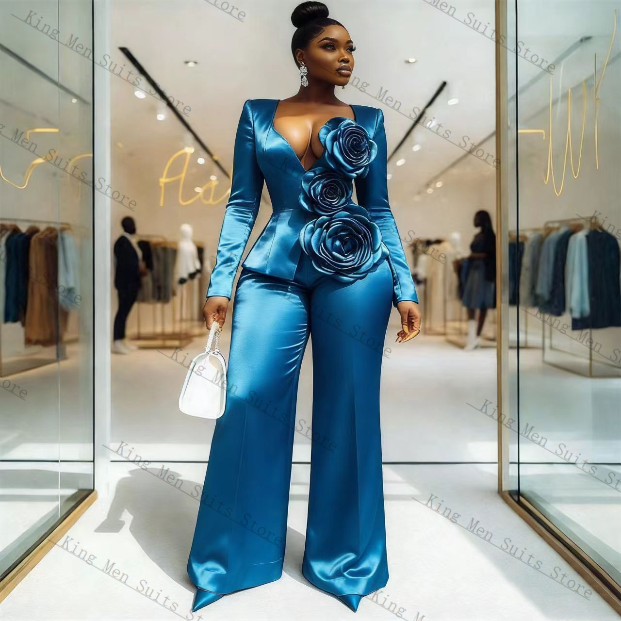 Blue Satin Women Suit Set 2 Pc - Women'S Formal Wear Wedding Guest のレビューと価格