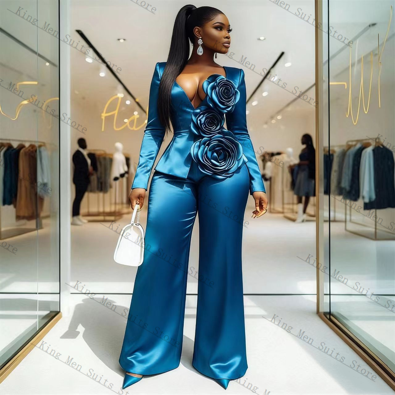 Blue Satin Women Suit Set 2 Pc - Women'S Formal Wear Wedding Guest のレビューと価格